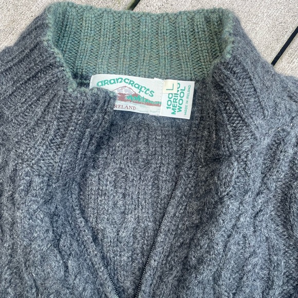 Aran Crafts Ireland Knit Zip Up Cardigan Cable Sweater Wool Gray Pockets sz L - Picture 4 of 4